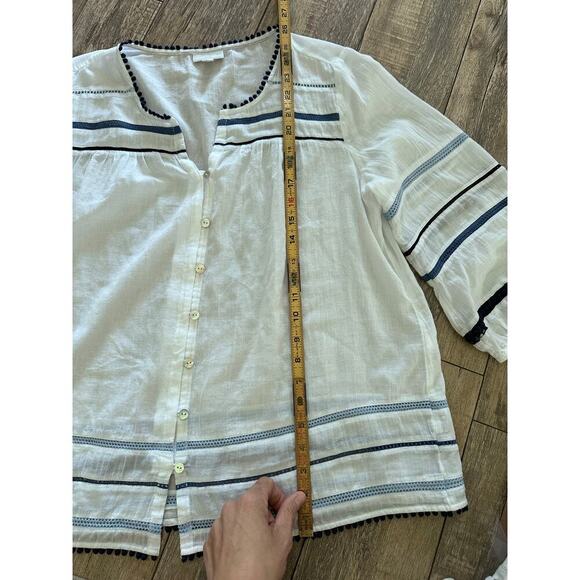 J. Jill Women's White Gauze Blue Pom Pom Tassel Button Semi-Sheer Blouse Size M - Picture 5 of 8